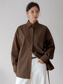 Dazy-Less Women's Loose Business Casual Office Work Commute Long Sleeve Shirt With Waist Belt Drawstring Tie Design, Minimalist Solid Color, Spring/Summer/Autumn - Brown - View 3