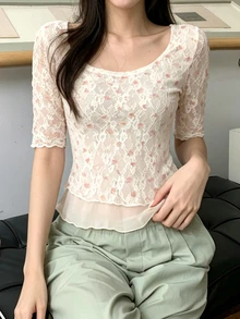 INAWLY 女款花卉蕾絲短袖T恤 夏季新款獨特美觀短版上衣 隨機圖案 - 杏色 - 查看 5
