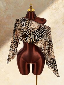 Amplova Women's Sexy Asymmetrical Shoulder Zebra Print Top - Black - View 2
