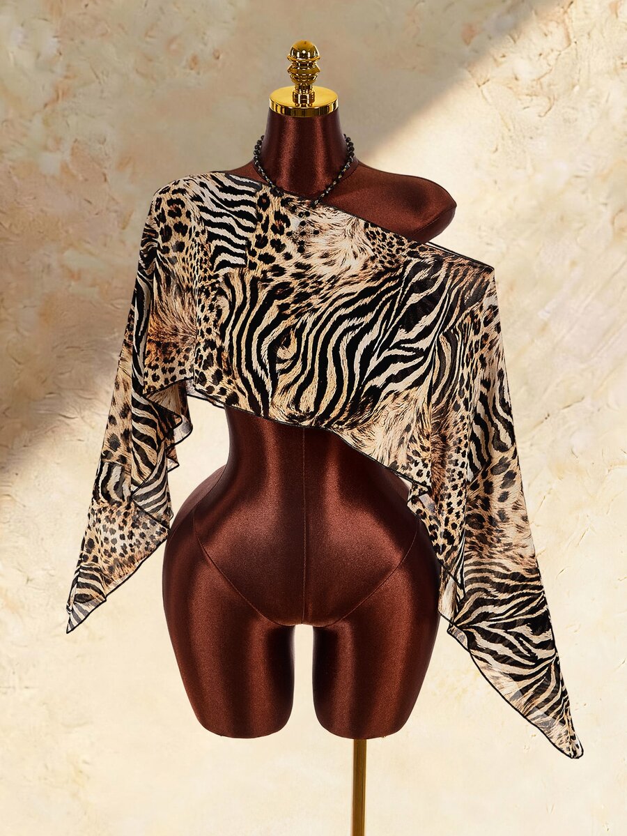 Amplova Atasan Wanita Seksi dengan Bahu Asimetris dan Motif Zebra - Hitam - View 1