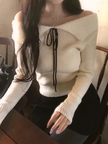 DAZY Women's Elegant Off-Shoulder Sweater - White - View 4