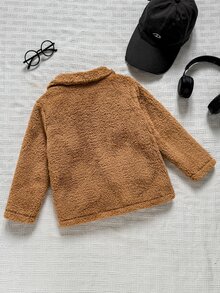 SHEIN 小男孩冬季舒適長袖絨毛夾克，格紋布料內裡，適合秋冬休閒日常穿著，柔軟舒適的絨毛布料，百搭版型，適合街頭出遊、日常休閒戶外穿著，也適合春秋日常穿著 - 棕色 - 查看 2