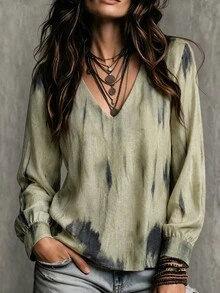 SHEIN Elegant Casual Elegant Gradient V-Neck Long Sleeve Slimming Top Office Going Out Sage Green Fall - Multicolor - View 1