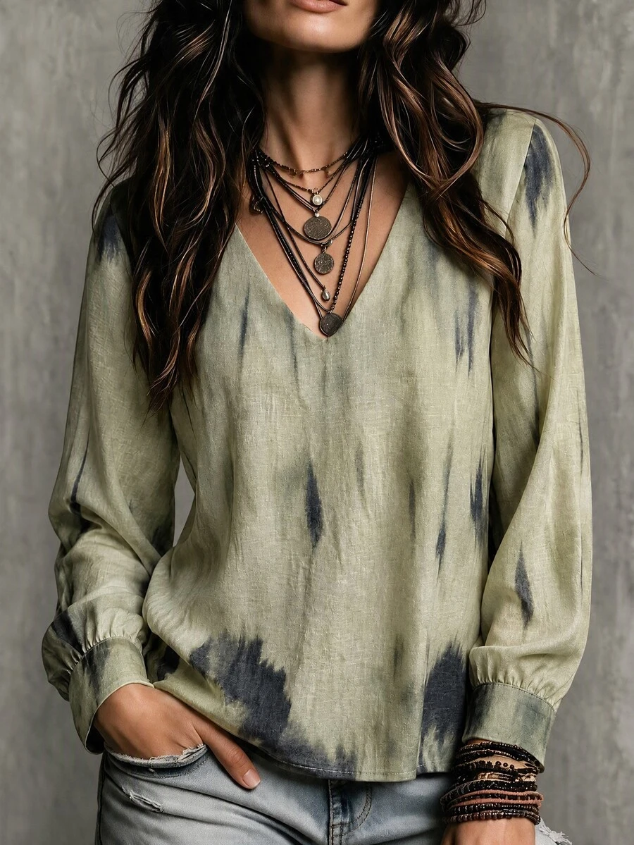 SHEIN Elegant Casual Elegant Gradient V-Neck Long Sleeve Slimming Top Office Going Out Sage Green Fall - Multicolor - View 1