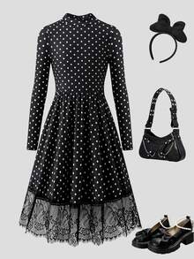 SHEIN Girls' New Elegant Fashion Princess Style Black Mesh Dress - Black - View 3