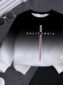 1套秋季新款男童套裝，黑白漸層圓領衛衣搭配同色長褲，胸前 CALIFORNIA 字母垂直線條印花，精緻吸睛，休閒舒適酷帥時尚，適合拍照，適用校園、出遊、假期等多種場合，春秋百搭造型 - 彩色 - 查看 4