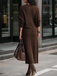 Louniche Vintage Commuter Style Cable Knit 2 Pieces Set, Autumn/Winter Gentle Intellectual Style Round Neck Raglan Sleeve Top + High Waist Diamond Pattern Slit Long Skirt Set, Versatile Commuter & Date Outfit For Women - Chocolate Brown - View 2
