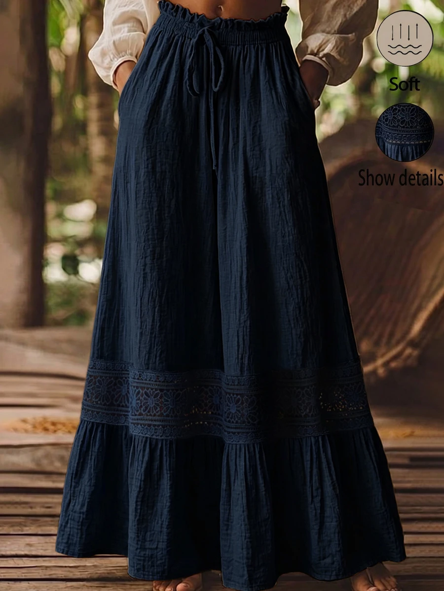 Holdful Holdful Women's Long Skirt With Pockets, Elastic Waist & Tie Decoration, Ruffle Hem Lace Spliced Design - Navy Blue - View 1