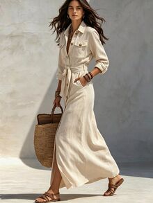 SHEIN Holidaya Solid Color Button Design With Belt Lapel Long Sleeve Casual Daily Outing Elegant Women's Dress - Apricot - View 5