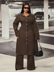 Slaydiva Plus Size Women's Non-Stretch Denim Long Jacket With Hollow Back Design, Cowboy Outfits For Women - Coffee Brown - View 5