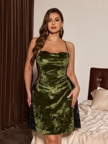 Slumberist Plus Size Gold Velvet Pajama Set, Women's Olive Green Camisole Nightgown And Robe Loungewear 2 Pieces Set - Army Green - View 5