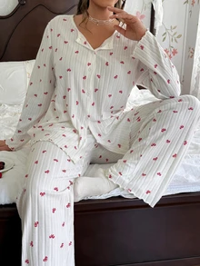 CottageSlumber Plus Size Women's Fine Ribbed Red Bow Cardigan Button Loungewear Set - White - View 6