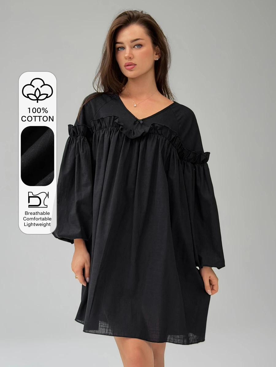 DAZY Women's Solid Color V-Neck Frill Trim Long Sleeve Loose Fit Nightgown - Black - View 1