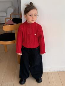 Hapijoa Sweater Rajut Kasual Lengan Panjang Setengah Resleting untuk Anak Perempuan - Burgundy - View 6