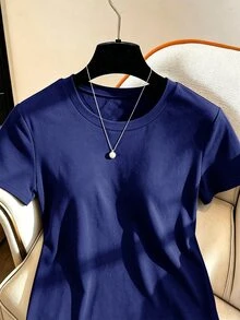 GlowEve CURVE 女款大尺碼圓領蕾絲拼接不對稱下擺純色休閒百搭日常短袖T恤 - 藏蓝色 - 查看 3