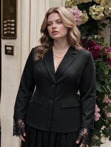 SHEIN MOD Plus Size Women Solid Color Contrast Lace Cuff Blazer And Skirt Elegant Set - Black - View 6