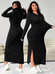 Solflare Plus Size Women's Solid Color Shiny Long Sleeve Side Slit Hem Drawstring Hooded Casual Dress - Black - View 1