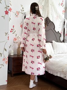 CottageSlumber Vintage Rose Bow Full Print Long Robe, Ruffle Collar Puff Long Sleeve Open Front Satin Waist Tie Jacquard Plus Size Women's Robe - Multicolor - View 2