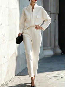 SHEIN PETITE White Stand Collar Drop Shoulder Tailored 2 Pieces Set, Commuter Fashion - White - View 7