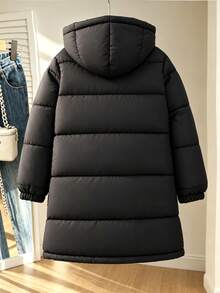 SHEIN 女童冬季連帽加厚棉襖外套，附配套手套一體化設計，抓絨內裡加厚中長款絎縫夾克，寬鬆版型防寒，極簡純色百搭，適合中大童女童日常上學、戶外出遊，秋冬保暖兒童外套，舒適實用，適用多種場合 - 黑色 - 查看 2