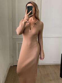 DAZY Women's Solid Color Half Button Collar Raglan Long Sleeve Elegant Knit Dress Fall - Khaki - View 5