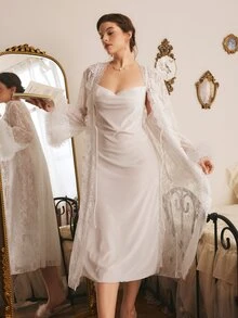 Côtesoire Plus Size Women's Lace Long Sleeve Robe And Camisole Nightgown Elegant Sleepwear Set - White - View 1