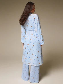 Athîral Women's Soft Flannel Dessert Print Long Sleeve Light Blue Casual Cute Home Sleepwear Robe For Autumn,Home, Sleep, Christmas ,Lounge - Blue - View 4