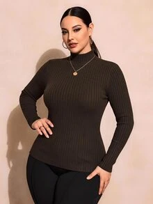 SHEIN SXY Plus Size Brown Ribbed Turtleneck T-Shirt Suitable For Autumn/Winter - Brown - View 1