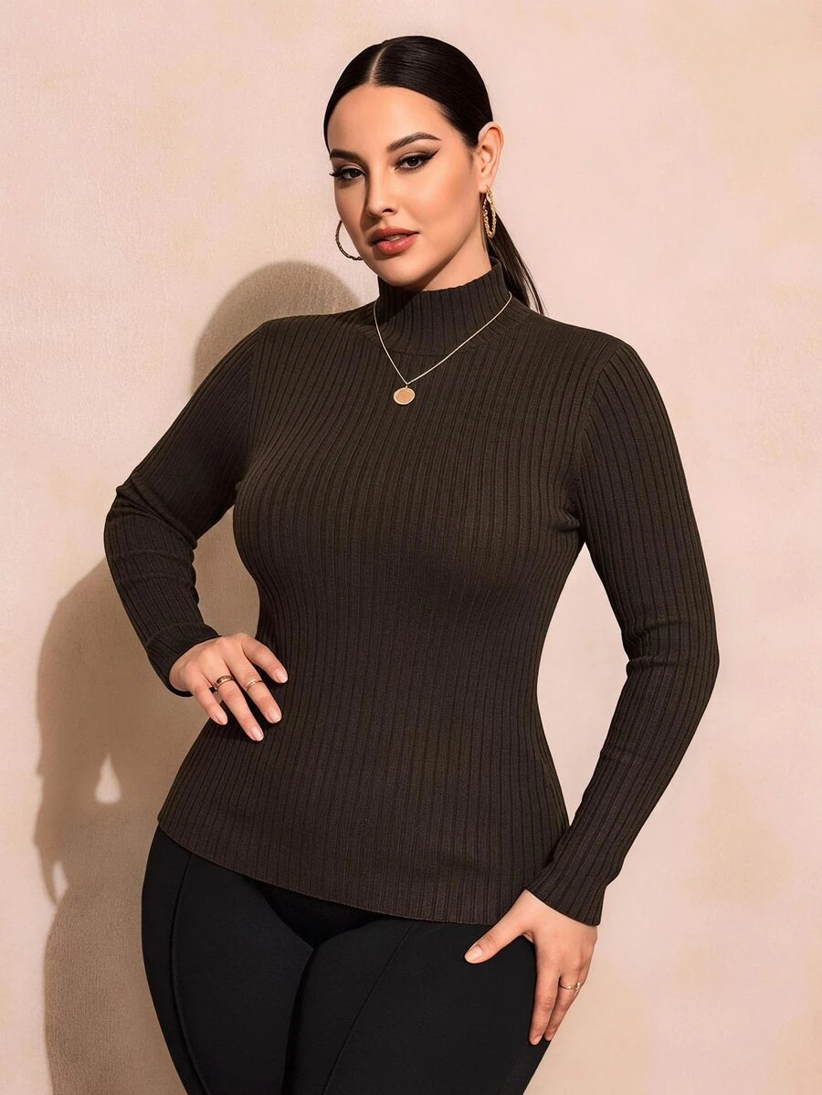 SHEIN SXY Plus Size Brown Ribbed Turtleneck T-Shirt Suitable For Autumn/Winter - Brown - View 1