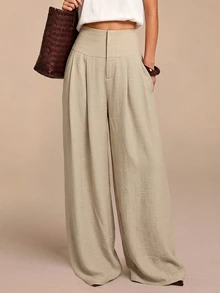 COSMINA Women's Casual Elegant Pleated Faux Linen Long Pants - Apricot - View 1