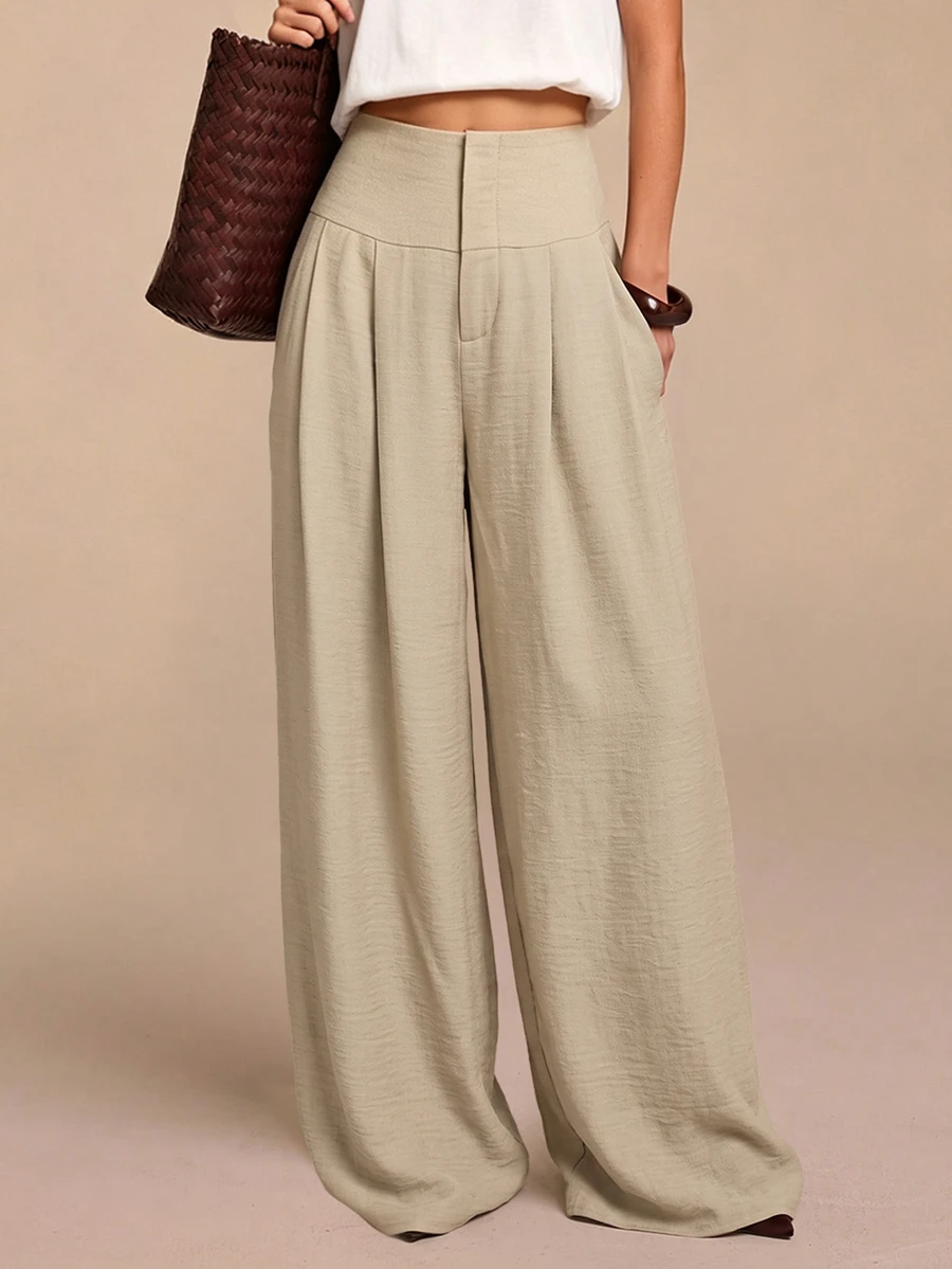 COSMINA Women's Casual Elegant Pleated Faux Linen Long Pants - Apricot - View 1