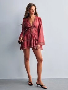 Willow Rêve Women's Woven Red-Brown V-Neck Mini Dress - Redwood - View 4
