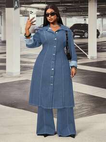 Slaydiva Plus Size Women Non-Stretch Denim Long Jacket With Hollow Back Design, Cowboy Outfits For Women - Medium Wash - View 6