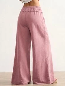 Bohemela Plus Size Women's Solid Color Drawstring Waist Casual Daily Wear Long Pants - Pink - View 8
