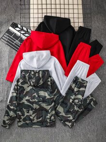 SHEIN 6件組兒童青少年男孩休閒極簡時尚運動酷感迷彩、黑色、灰色、紅色套頭衛衣、長袖運動長褲、短褲套裝，適合通勤、上學、日常休閒、度假、旅行、運動，秋冬季、開學季、聖誕節 - 彩色 - 查看 2