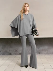 MOTF PREMIUM WOMEN'S SOLID COLOR TOP AND FLARE PANTS CASUAL DAILY 2 PIECES SET - Grey - View 6