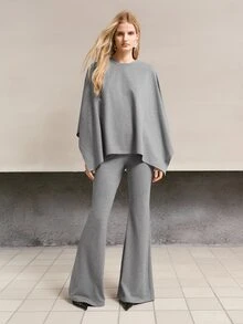 MOTF PREMIUM WOMEN'S SOLID COLOR TOP AND FLARE PANTS CASUAL DAILY 2 PIECES SET - Grey - View 4