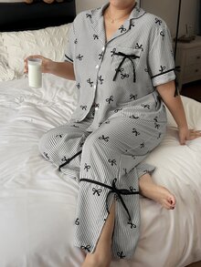 Napfluff CURVE Napfluff CURVE Grey Striped Bow Print Contrast Color Bow Decor Plus Size Women's Open Front Lapel Short Sleeve Long Pants Casual Pajama Set - Black and White - View 4