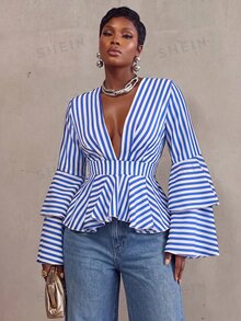 BamGlimmer Summer Autumn New Design, Deep V-Neck, Multi-Layer Ruffle Hem, Double-Layer Ruffle Sleeve Women's Blouse, Fashionable Vacation Casual Style, Suitable For Travel, Daily Wear, Back To School, Party And Gathering, Commute Versatile - Blue and White - View 1