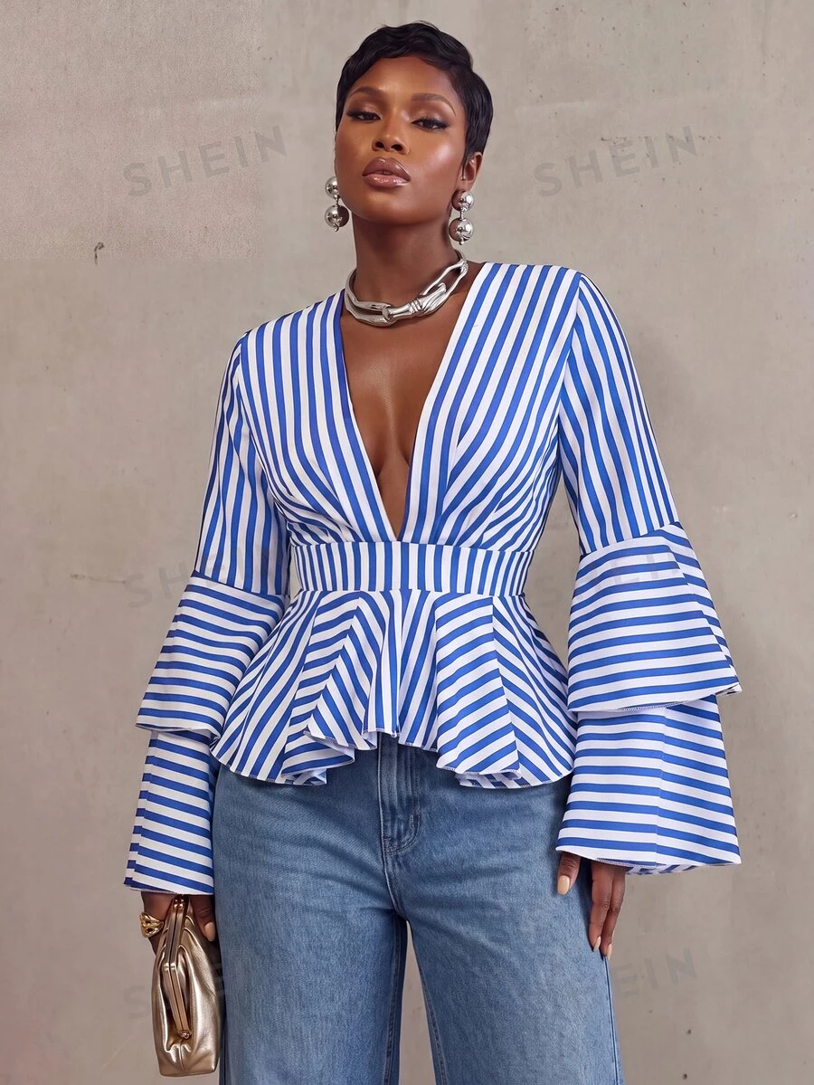 BamGlimmer Summer Autumn New Design, Deep V-Neck, Multi-Layer Ruffle Hem, Double-Layer Ruffle Sleeve Women's Blouse, Fashionable Vacation Casual Style, Suitable For Travel, Daily Wear, Back To School, Party And Gathering, Commute Versatile - Blue and White - View 1
