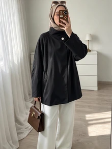 Selianne 女款時尚優雅不對稱大翻領廓形中長款風衣，插肩袖寬鬆修身休閒夾克 - 黑色 - 查看 6
