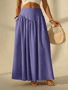 SHEIN Tall 女款純色百褶長款休閒裙 - 紫色 - 查看 6