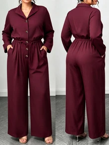 Elenzga Plus Size Chic Commuter Jumpsuit, Lapel Collar Button Down Drawstring Waist Loose Wide Leg Jumpsuit - Burgundy - View 6