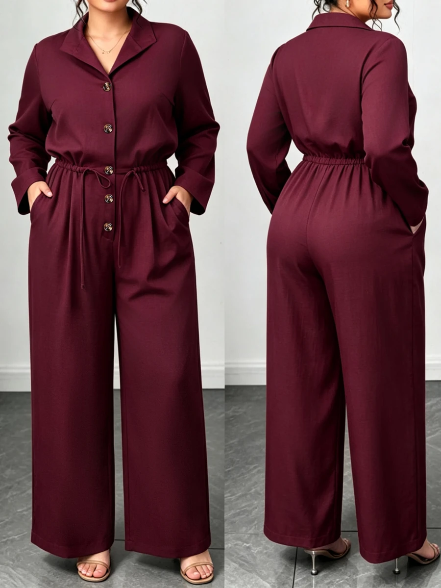Elenzga Plus Size Chic Commuter Jumpsuit, Lapel Collar Button Down Drawstring Waist Loose Wide Leg Jumpsuit - Burgundy - View 1