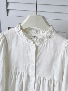 SHEIN 少女純色長袖單排扣休閒襯衫 - 白色 - 查看 4