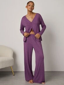 Ocili 極簡舒適無領軟質女款居家服套裝 - 紫丁香色 - 查看 3