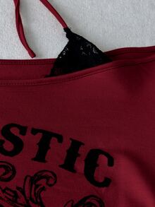 Sunspun Plus Size Contrast Lace Square Neck Tie-Front Long Sleeve Sweatshirt - Burgundy - View 4