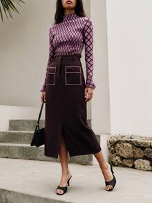 Nöista Misi Skirt Contrast Piping And Front Slit Opening - Burgundy - View 1