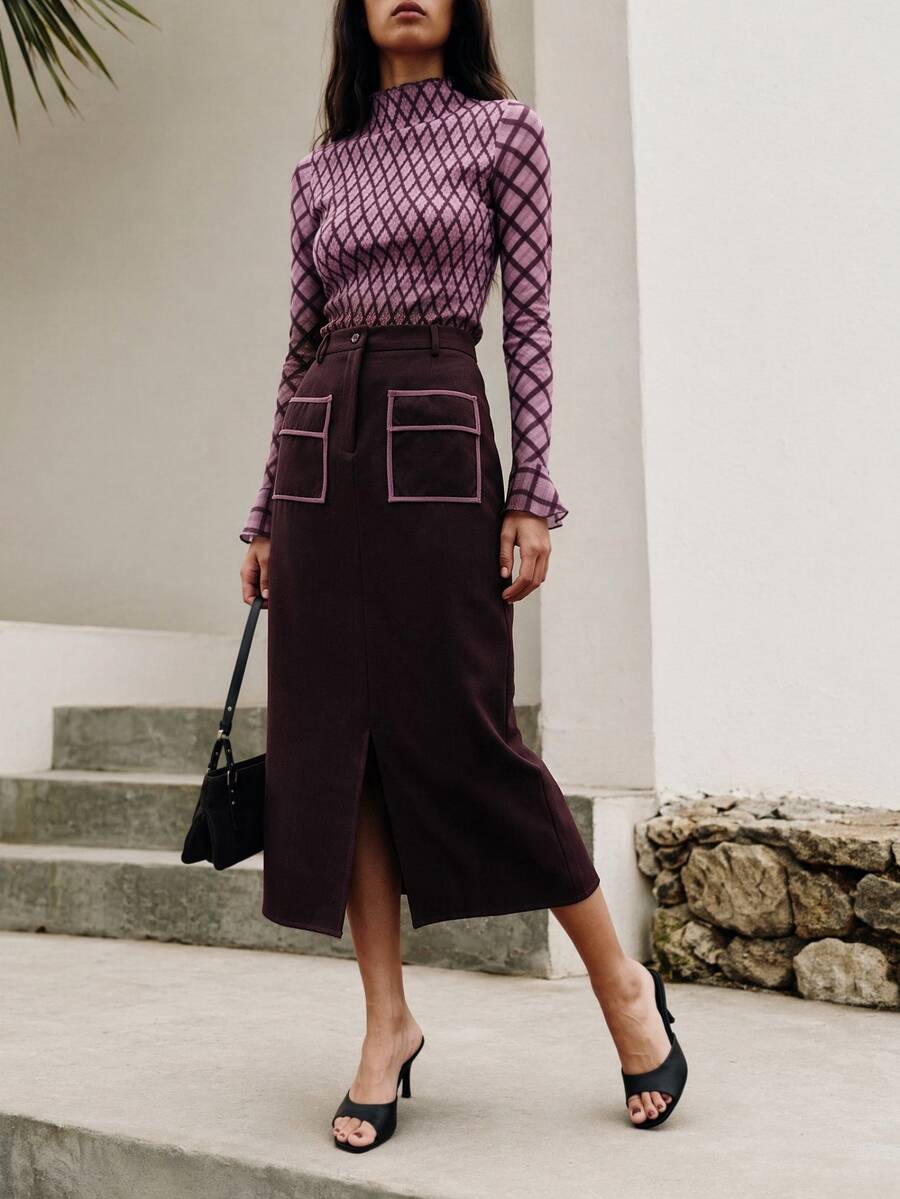 Nöista Misi Skirt Contrast Piping And Front Slit Opening - Burgundy - View 1