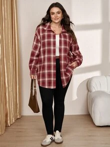 SHEIN LUNE 大尺碼女款格紋長袖單排扣休閒襯衫 - 彩色 - 查看 4